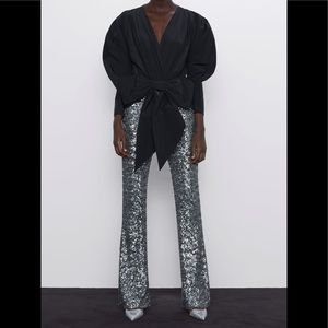 Zara Dark Silver Flare Sequin Pants